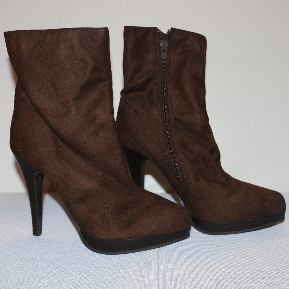 Delicious Brown Suede Mid Calf Boot Heels